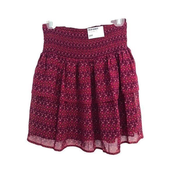 Old‎ Navy Tiered Mini Skirt Burgundy Geometric Pattern Elastic Yoke Waist Small - Picture 2 of 9
